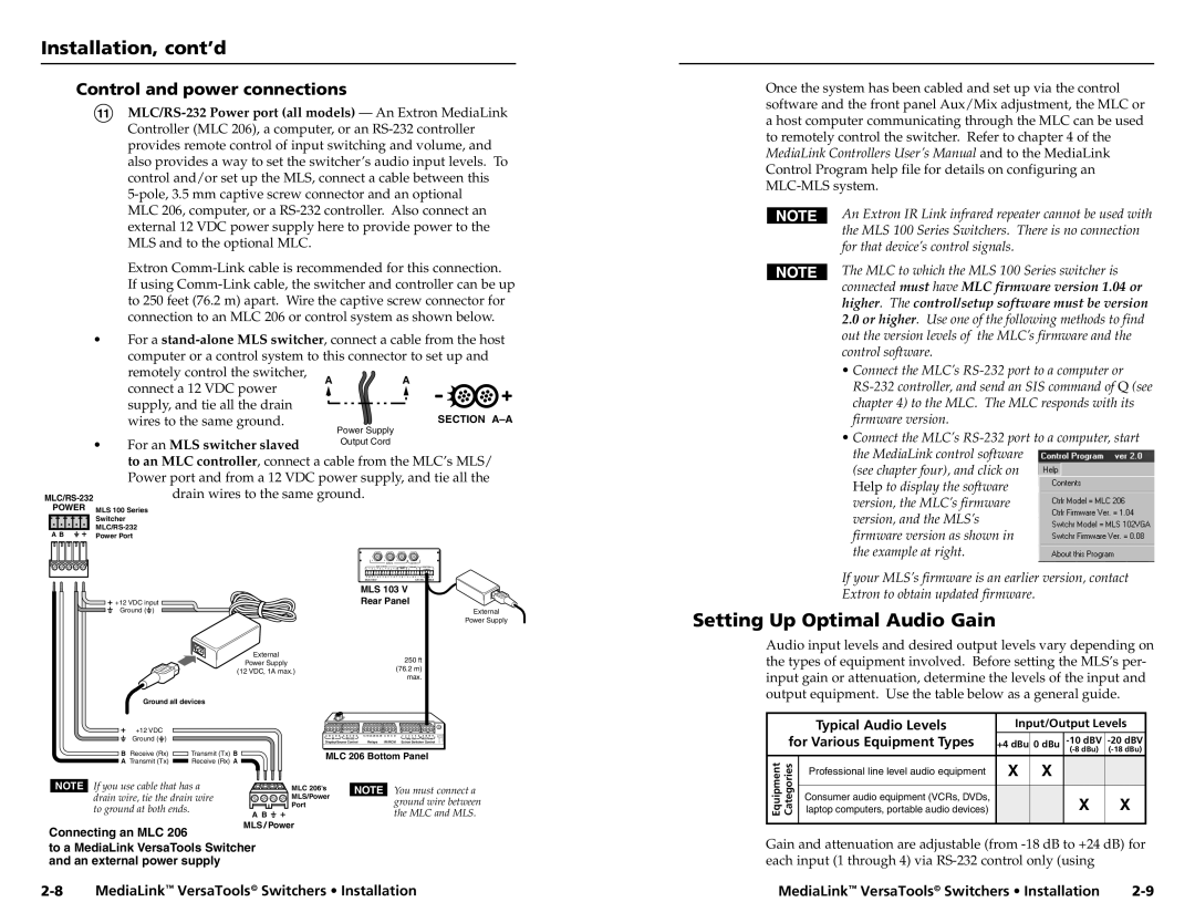 Extron electronic MLS 103 SV, MLS 103 V Setting Up Optimal Audio Gain, Control and power connections, Typical Audio Levels 