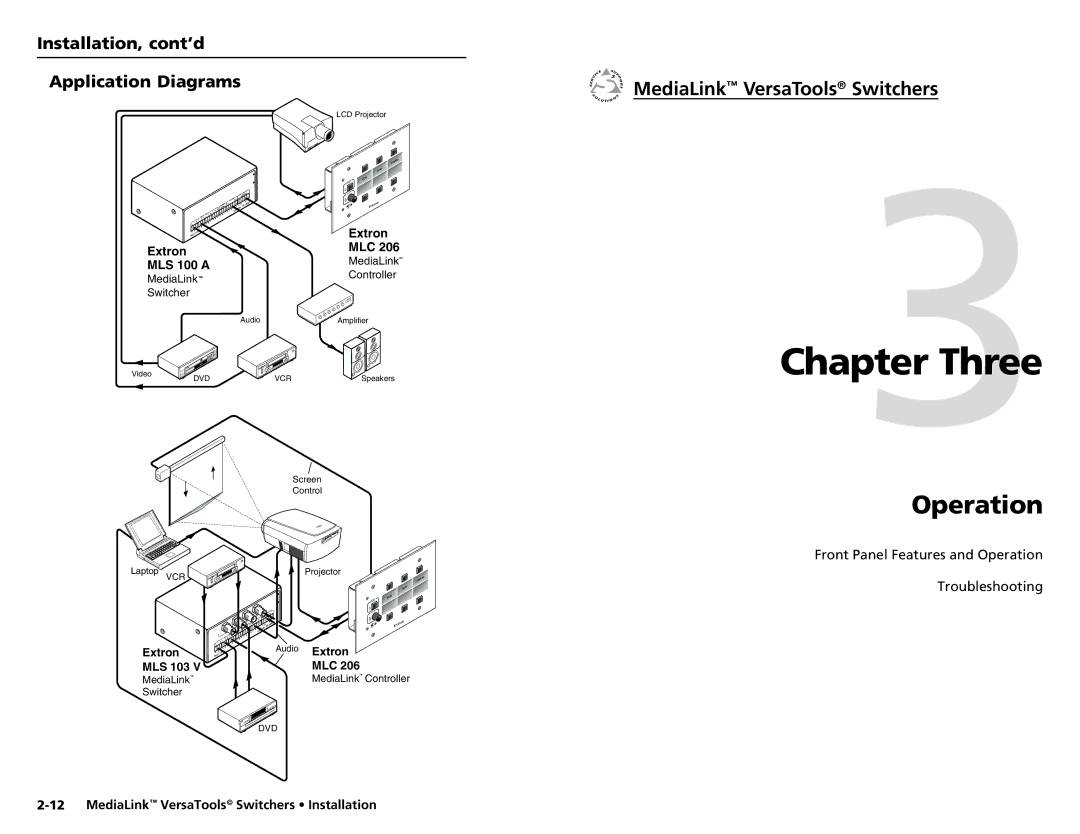 Extron electronic MLS 103 V, MLS 102 VGA, MLS 103 SV, MLS 100 A Three, Operation, Installation, cont’d Application Diagrams 