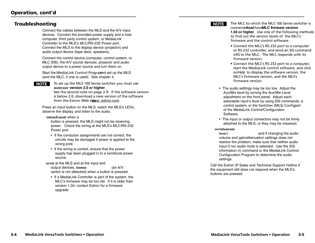 Extron electronic MLS 103 SV, MLS 103 V Operation, cont’d Troubleshooting, MediaLink VersaTools Switchers Operation 