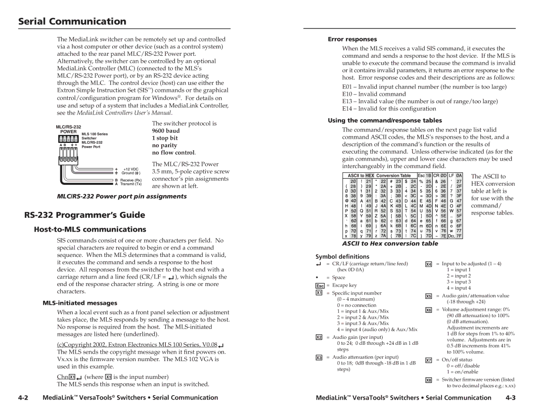 Extron electronic MLS 103 V, MLS 102 VGA Serial Communication, RS-232 Programmer’s Guide, Host-to-MLS communications 