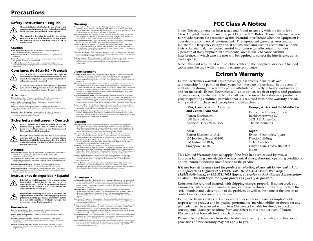 Extron electronic MLS 103 SV, MLS 103 V, MLS 102 VGA, MLS 100 A user manual Precautions, FCC Class a Notice, Extron’s Warranty 