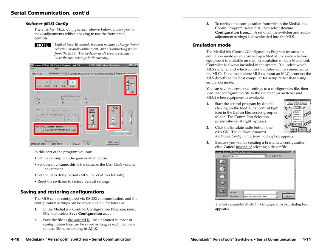 Extron electronic MLS 103 V, MLS 102 VGA Saving and restoring configurations, Emulation mode, Switcher MLS Config 