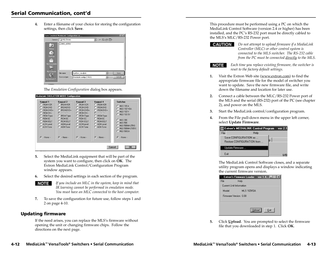 Extron electronic MLS 102 VGA, MLS 103 V, MLS 103 SV Updating firmware, Emulation Configuration dialog box appears 