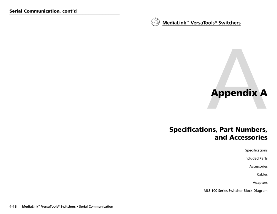 Extron electronic MLS 100 A, MLS 103 V, MLS 102 VGA, MLS 103 SV AAppendix a, Specifications, Part Numbers Accessories 