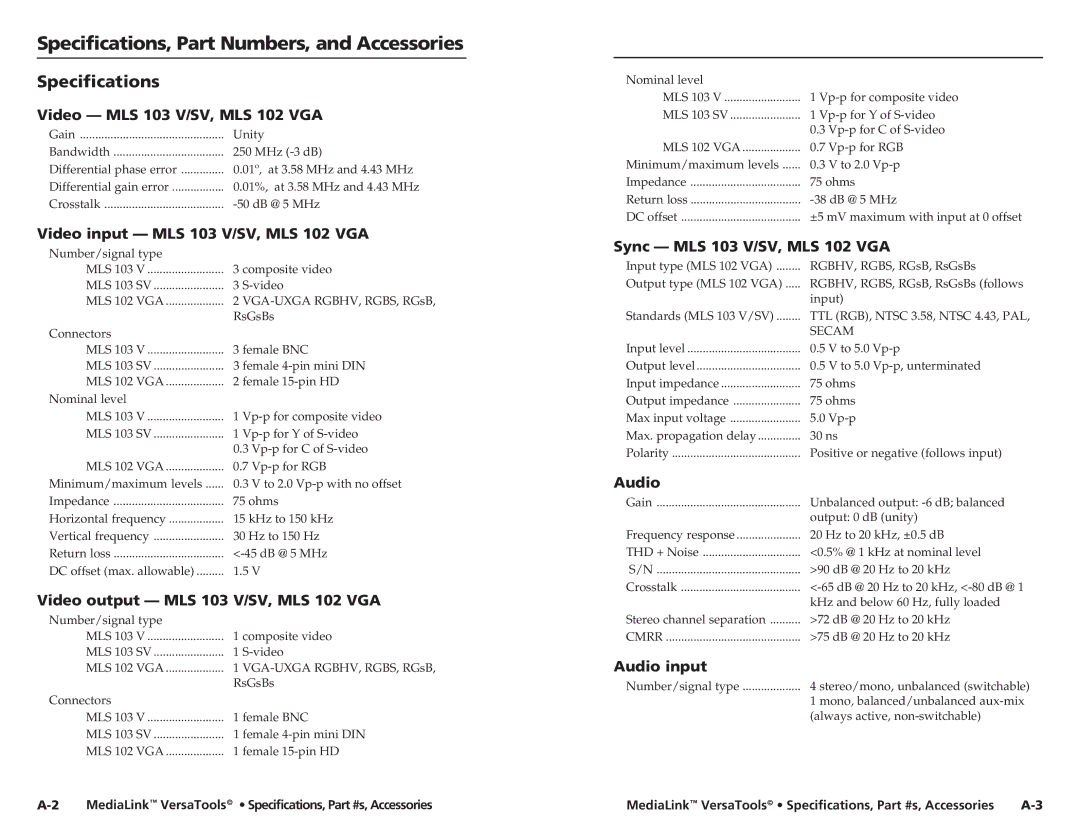 Extron electronic MLS 103 V, MLS 102 VGA, MLS 103 SV, MLS 100 A user manual Specifications, Part Numbers, and Accessories 