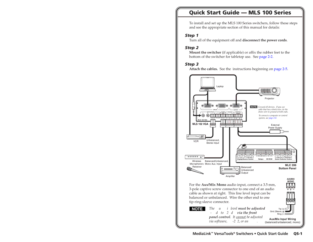 Extron electronic MLS 100 A Quick Start Guide MLS 100 Series, Attach the cables. See the instructions beginning on 