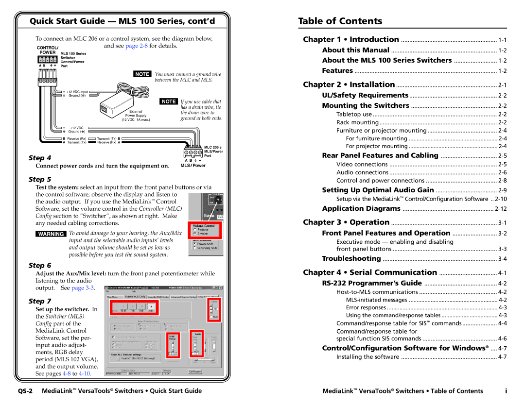 Extron electronic MLS 103 V, MLS 102 VGA, MLS 103 SV, MLS 100 A user manual Table of Contents 