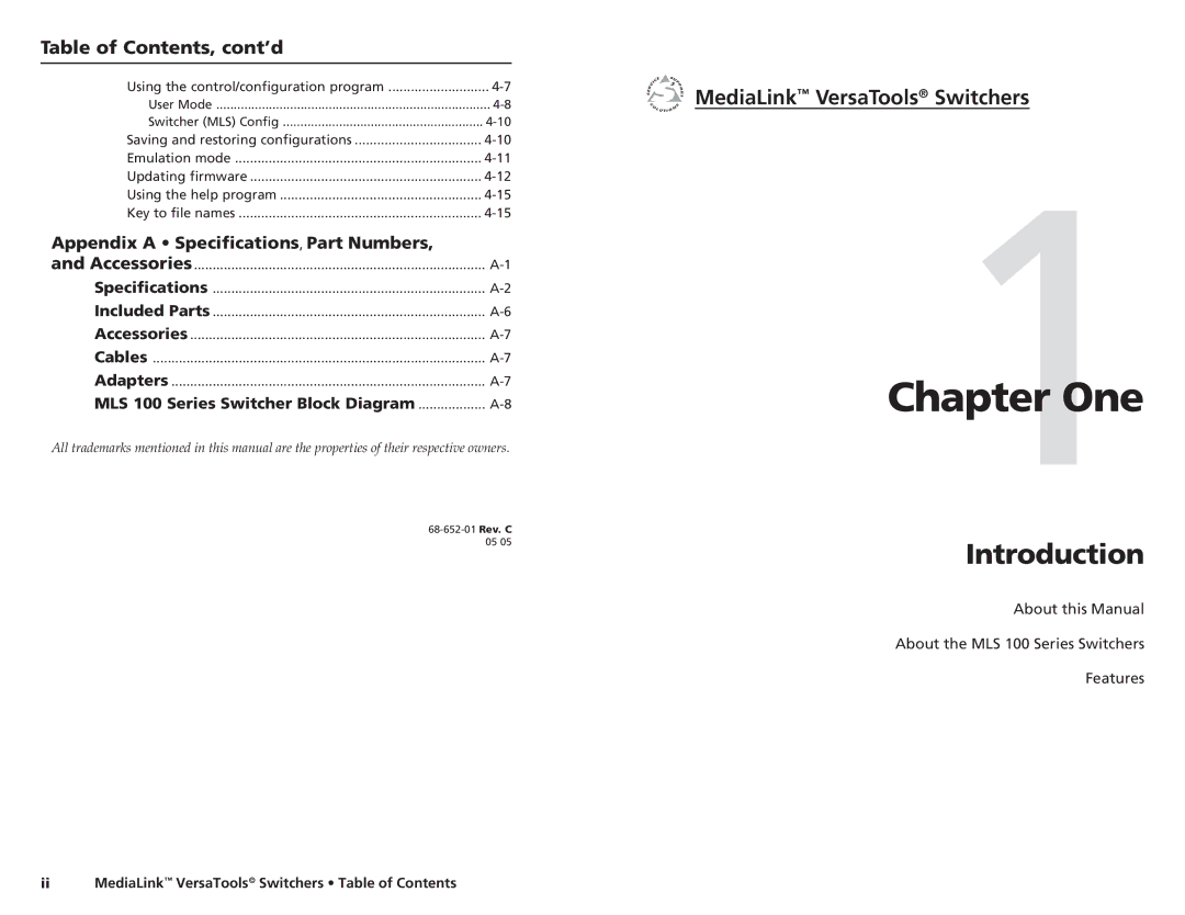 Extron electronic MLS 102 VGA, MLS 103 V One, Introduction, MediaLink VersaTools Switchers, Table of Contents, cont’d 