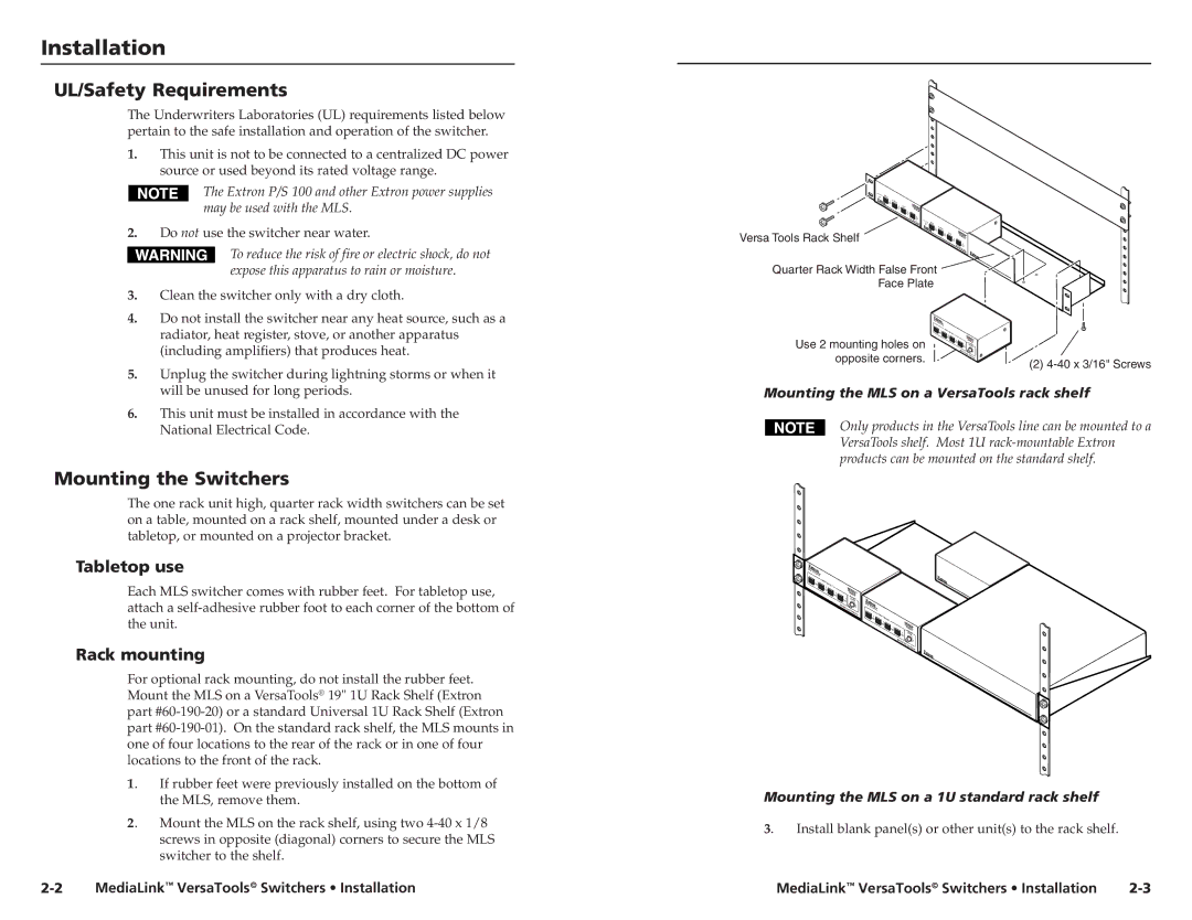 Extron electronic MLS 100 A Installation, UL/Safety Requirements, Mounting the Switchers, Tabletop use, Rack mounting 