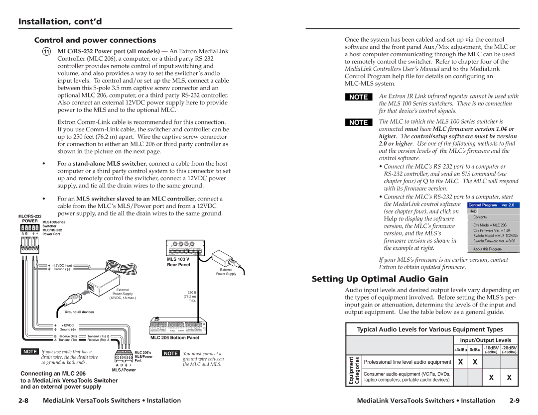 Extron electronic MLS 103 SV, MLS 103 V, MLS 102 VGA, MLS 100 A Setting Up Optimal Audio Gain, Control and power connections 