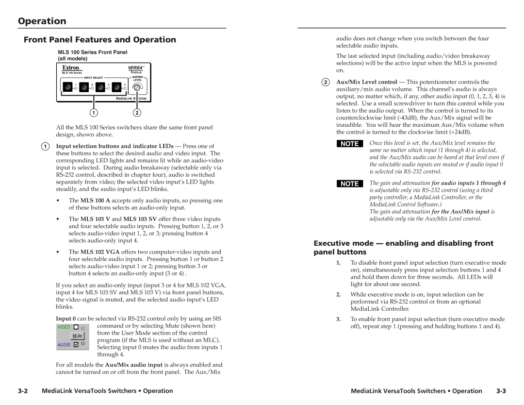 Extron electronic MLS 102 VGA, MLS 103 V Front Panel Features and Operation, MediaLink VersaTools Switchers Operation 