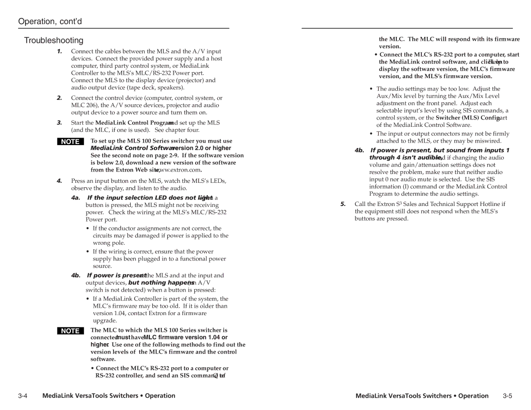 Extron electronic MLS 103 SV, MLS 103 V, MLS 102 VGA, MLS 100 A user manual Operation, cont’d Troubleshooting 