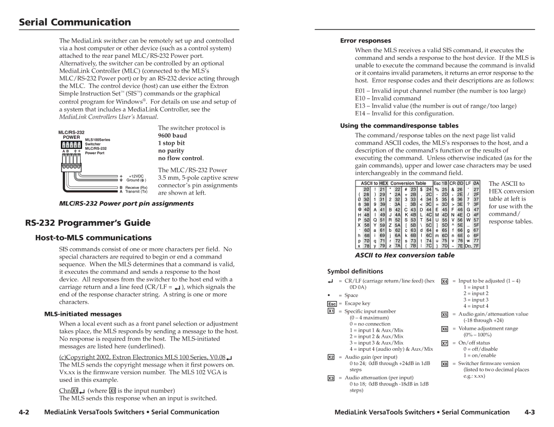 Extron electronic MLS 103 V, MLS 102 VGA Serial Communication, RS-232 Programmer’s Guide, Host-to-MLS communications 