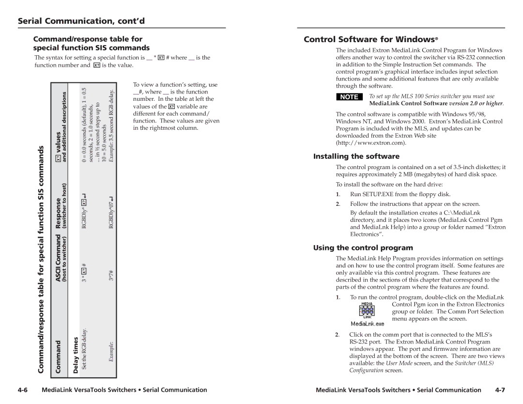 Extron electronic MLS 103 SV Control Software for Windows, Command/response table for special function SIS commands 