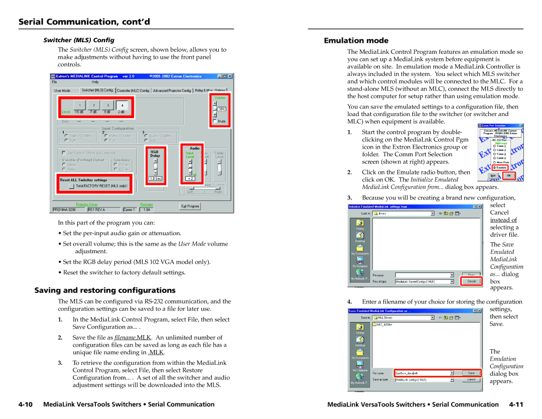 Extron electronic MLS 103 V, MLS 102 VGA Saving and restoring configurations, Emulation mode, Switcher MLS Config 