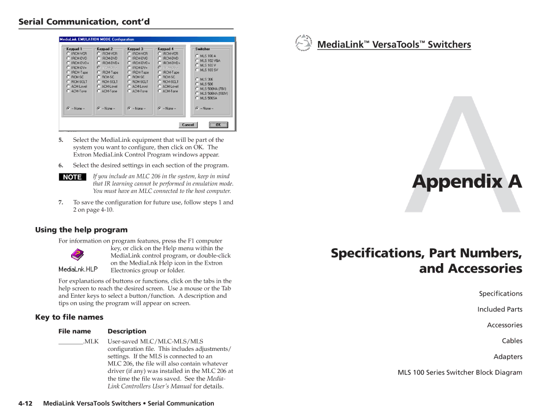 Extron electronic MLS 102 VGA, MLS 103 V AAppendix a, Specifications, Part Numbers Accessories, Using the help program 