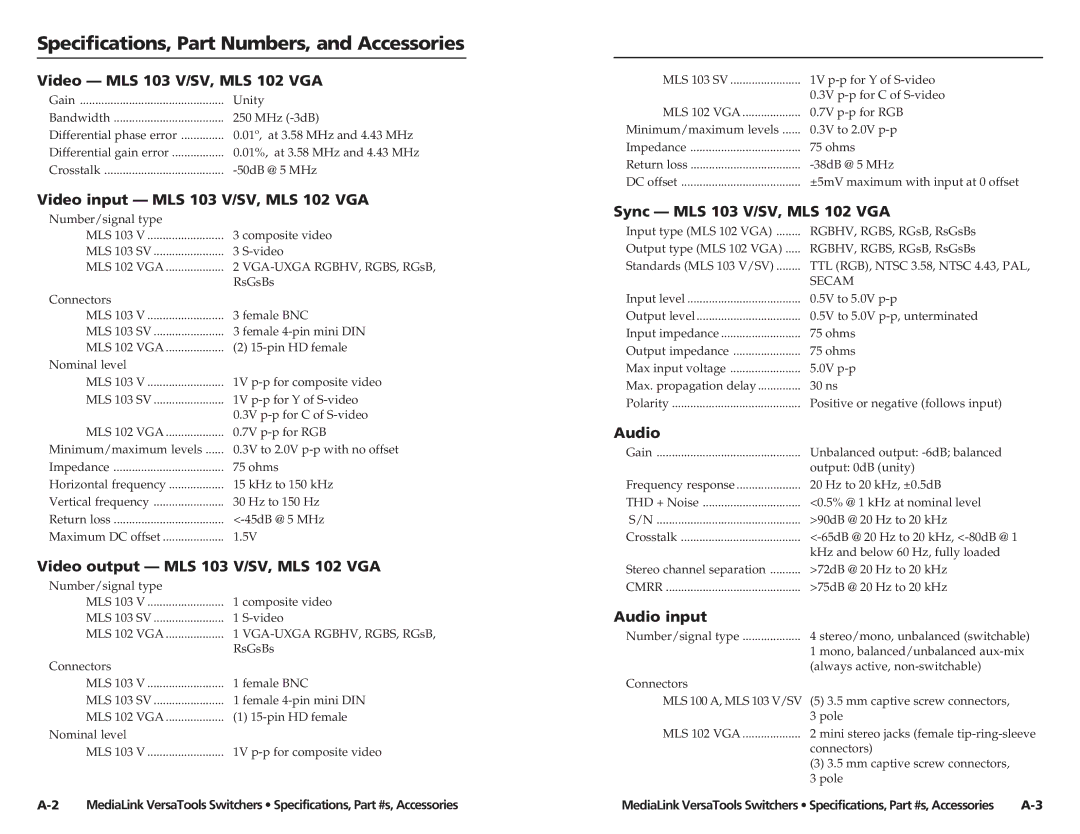 Extron electronic MLS 103 SV, MLS 103 V, MLS 102 VGA, MLS 100 A user manual Specifications, Part Numbers, and Accessories 