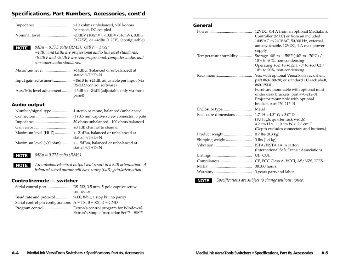 Extron electronic MLS 100 A Specifications, Part Numbers, Accessories, cont’d, Audio output, Control/remote switcher 