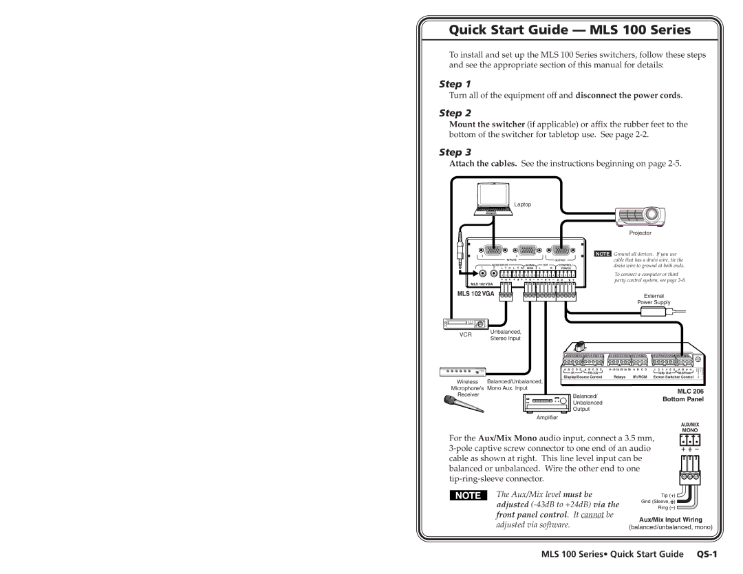 Extron electronic MLS 100 A Quick Start Guide MLS 100 Series, Attach the cables. See the instructions beginning on 