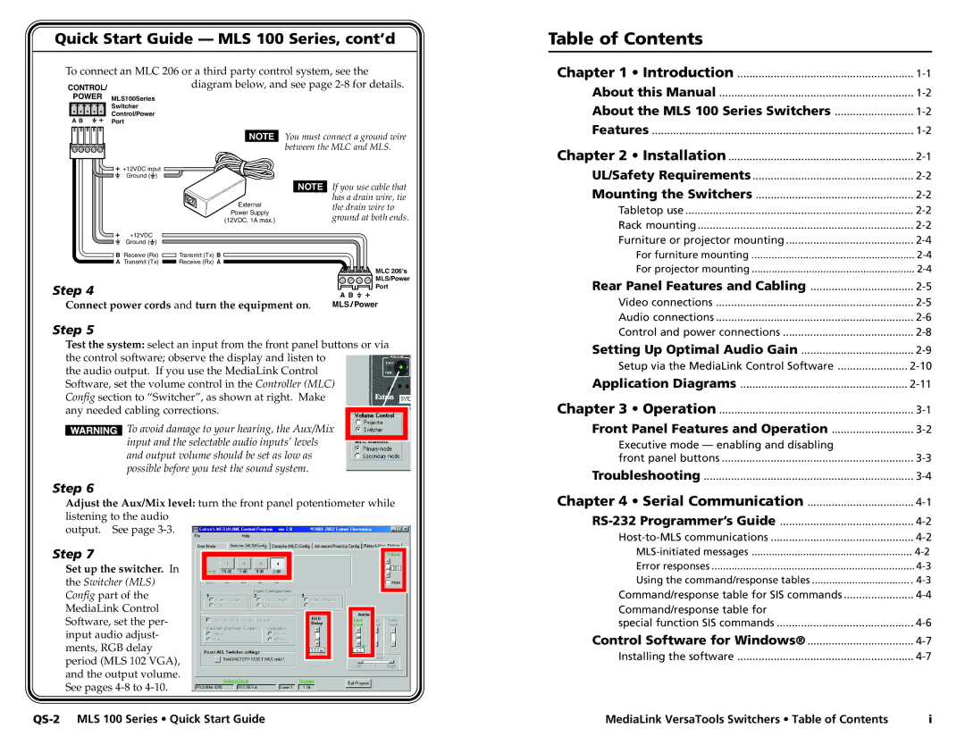 Extron electronic MLS 103 V, MLS 102 VGA, MLS 103 SV, MLS 100 A user manual Table of Contents 