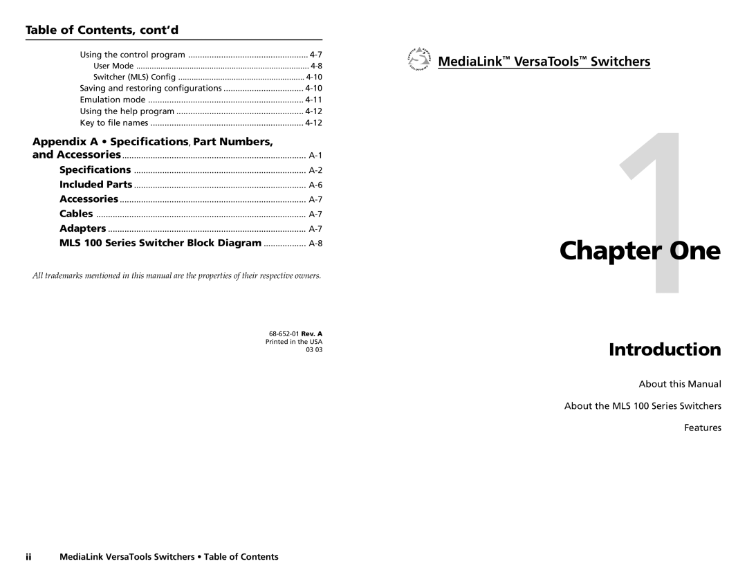 Extron electronic MLS 102 VGA, MLS 103 V One, Introduction, MediaLink VersaTools Switchers, Table of Contents, cont’d 