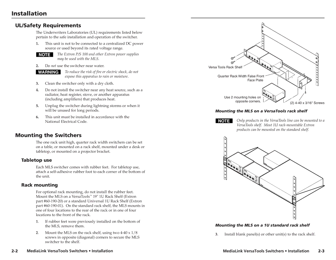Extron electronic MLS 100 A Installation, UL/Safety Requirements, Mounting the Switchers, Tabletop use, Rack mounting 