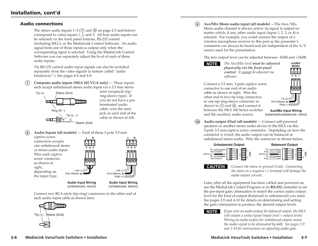 Extron electronic MLS 102 VGA, MLS 103 V, MLS 103 SV Audio connections, Aux/Mix Mono audio input all models -The Aux/Mix 