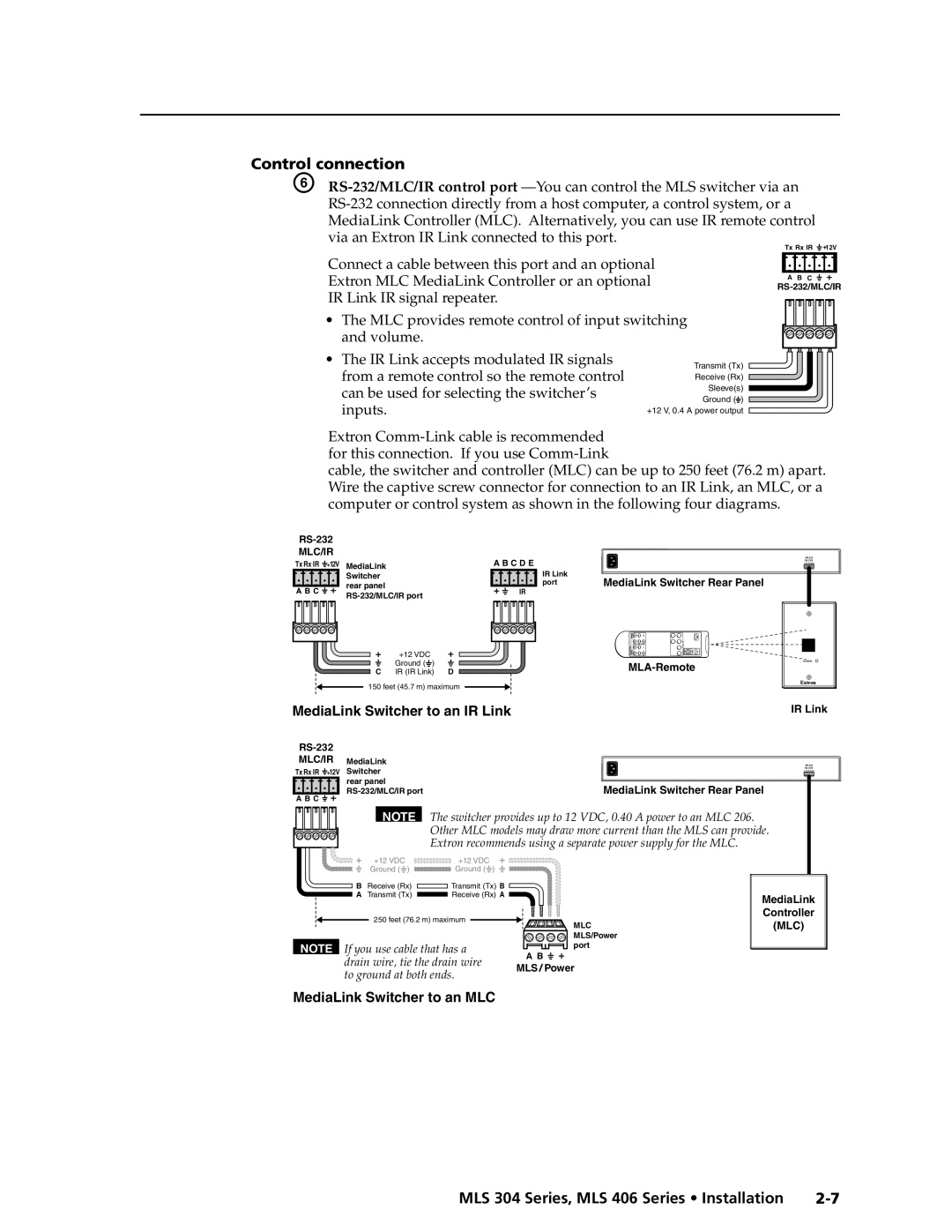 Extron electronic MLS 304SA, MLS 304MA, MLS 406SA, MLS 406MA manual Control connection, IR Link IR signal repeater 