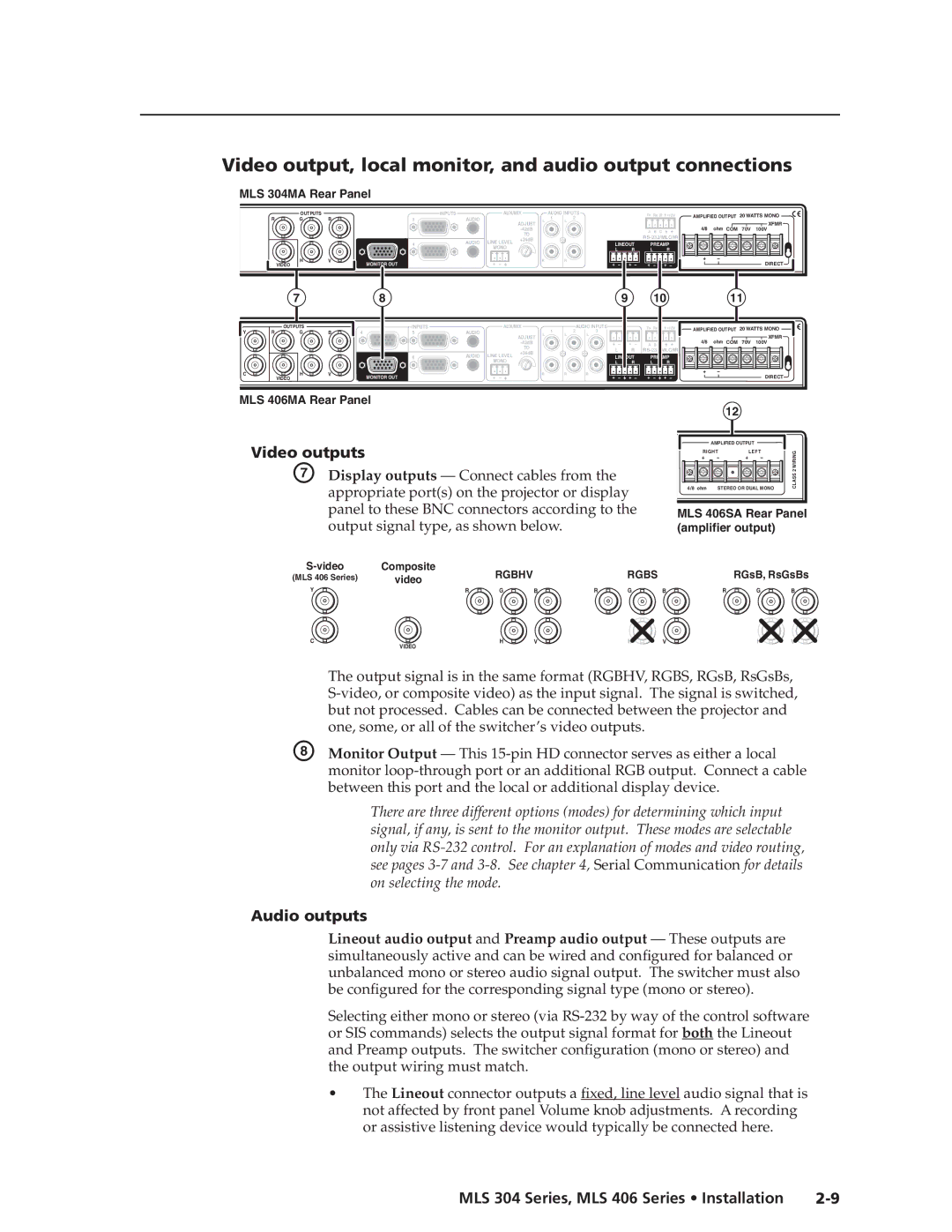 Extron electronic MLS 406 manual Video output, local monitor, and audio output connections, Video outputs, Audio outputs 