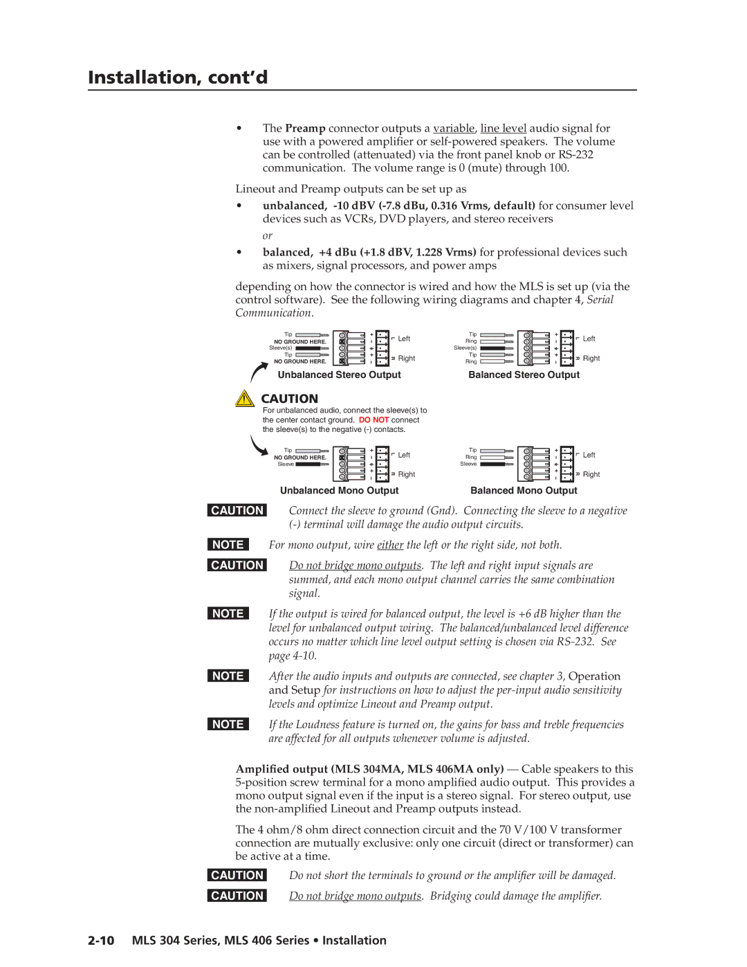 Extron electronic MLS 406SA, MLS 304SA, MLS 304MA, MLS 406MA manual Unbalanced Mono Output Balanced Mono Output 