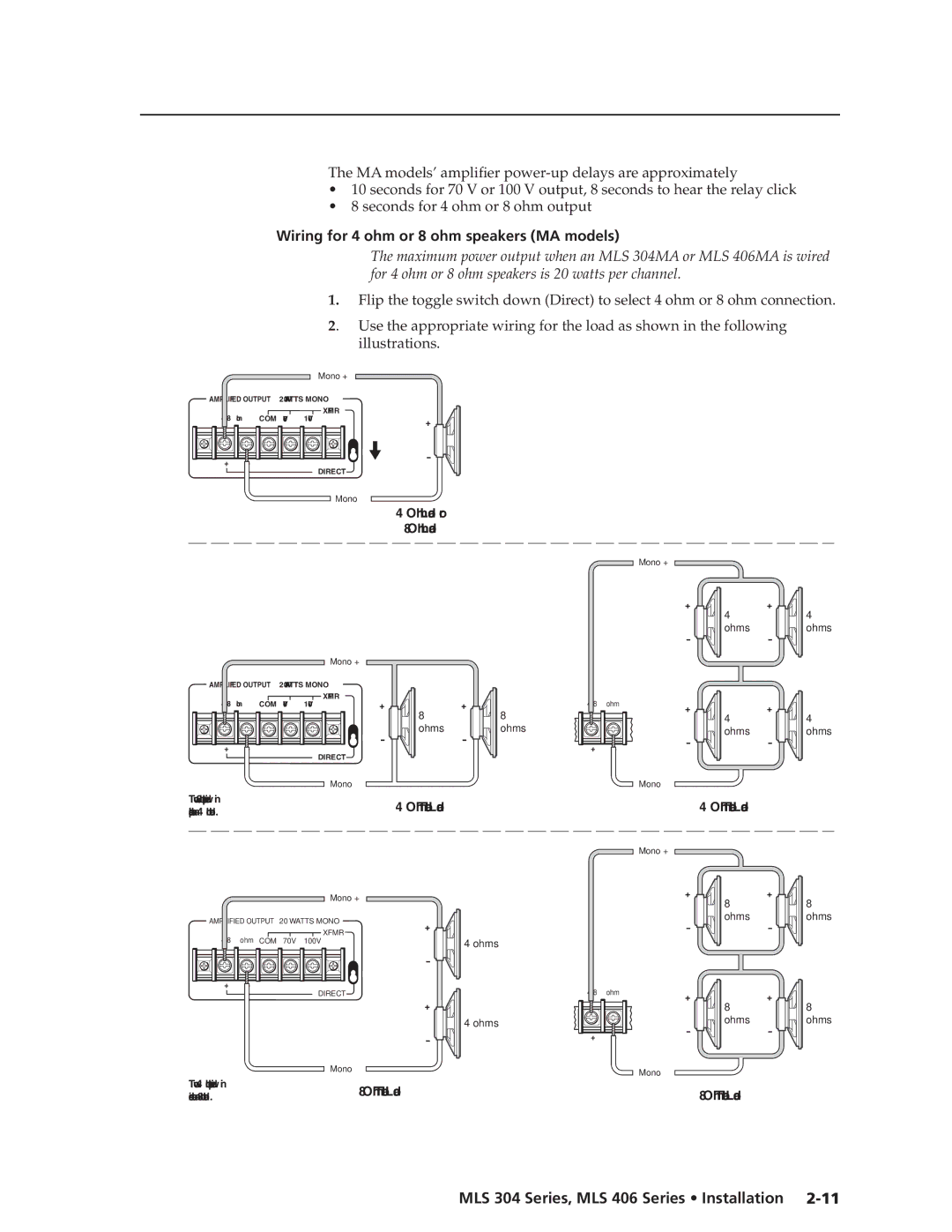 Extron electronic MLS 406MA, MLS 304SA, MLS 304MA, MLS 406SA Wiring for 4 ohm or 8 ohm speakers MA models, Ohm Total Load 