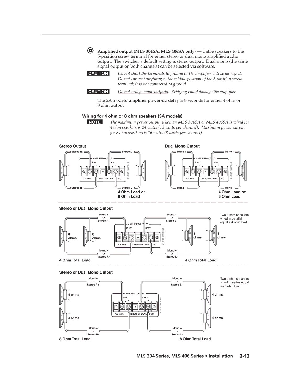 Extron electronic MLS 304MA, MLS 304SA, MLS 406SA, MLS 406MA Wiring for 4 ohm or 8 ohm speakers SA models, Stereo Output 