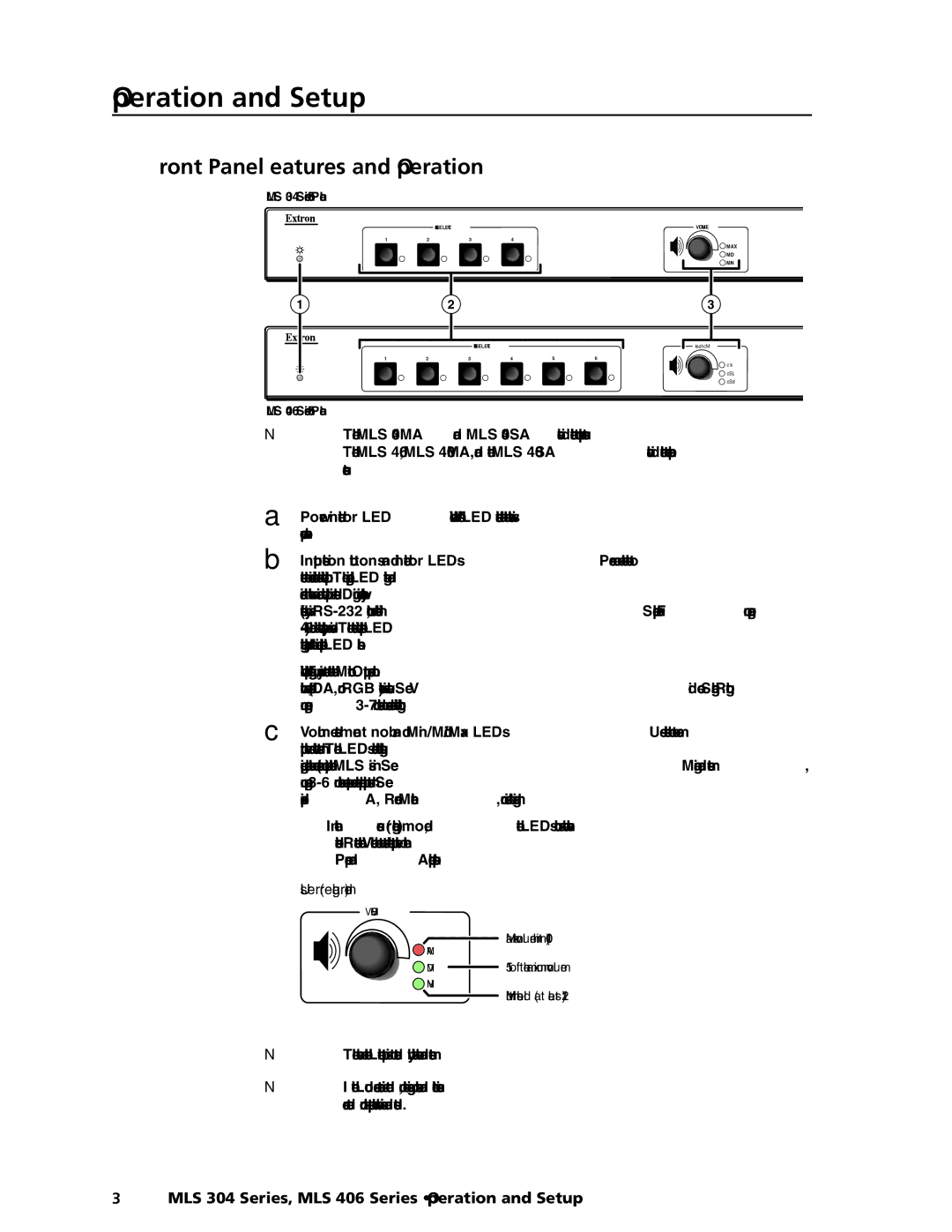 Extron electronic MLS 304MA manual Operation and Setup, Front Panel Features and Operation, Minimum threshold at least 21% 