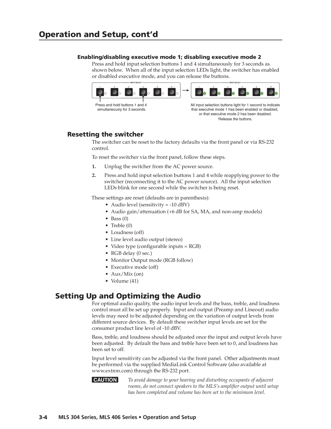 Extron electronic MLS 406SA, MLS 304SA, MLS 304MA, MLS 406MA Setting Up and Optimizing the Audio, Resetting the switcher 