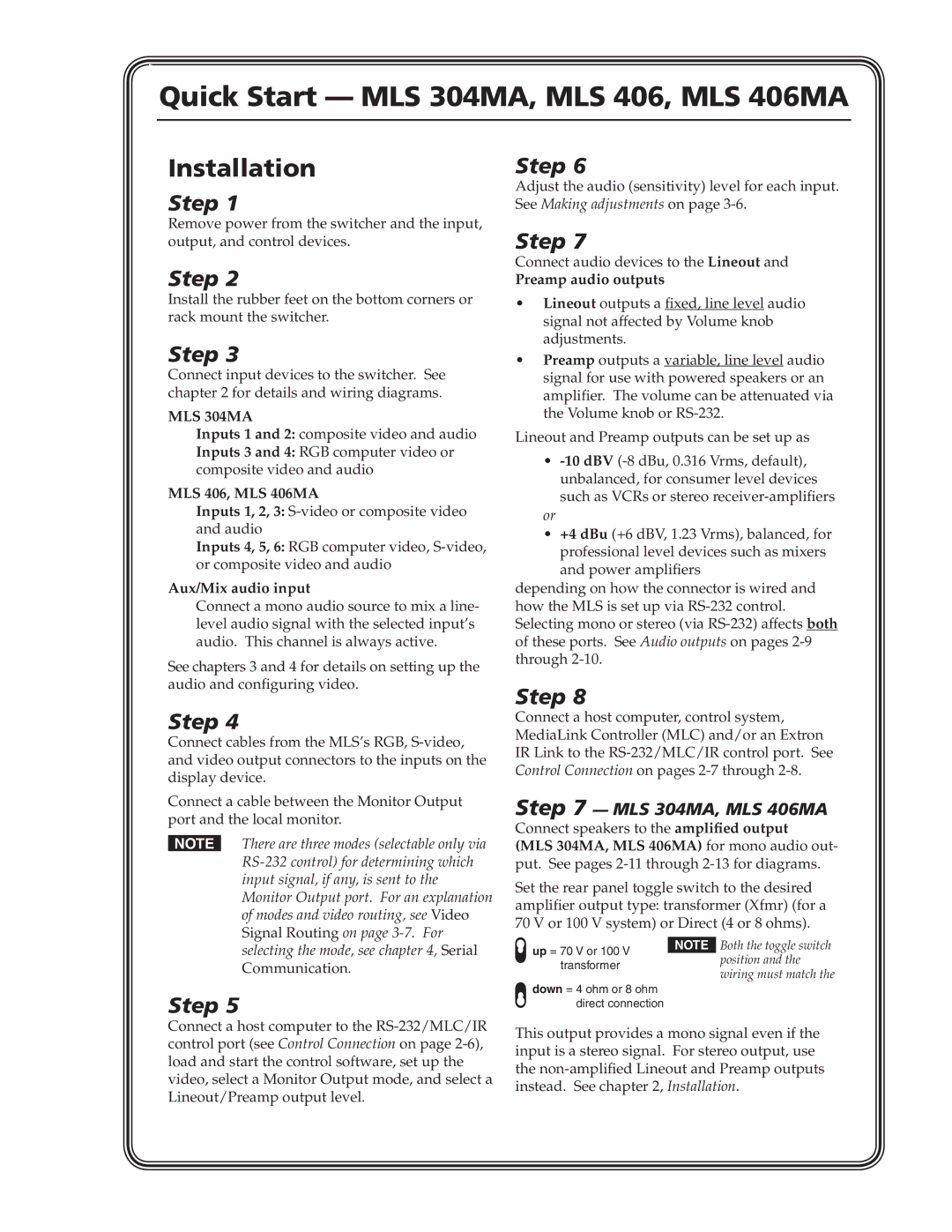 Extron electronic MLS 406SA, MLS 304SA manual Quick Start MLS 304MA, MLS 406, MLS 406MA, Installation 