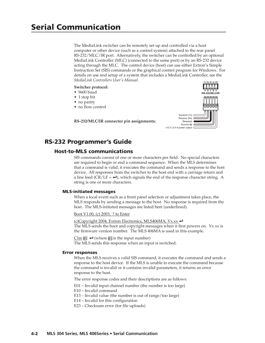 Extron electronic MLS 304MA, MLS 304SA, MLS 406 Serial Communication, RS-232 Programmer’s Guide, Host-to-MLS communications 