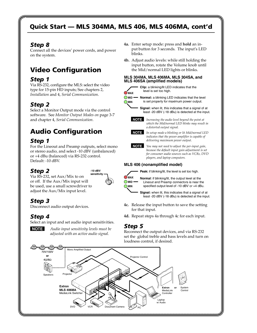 Extron electronic MLS 406MA, MLS 304SA, MLS 304MA, MLS 406SA manual Video Configuration 