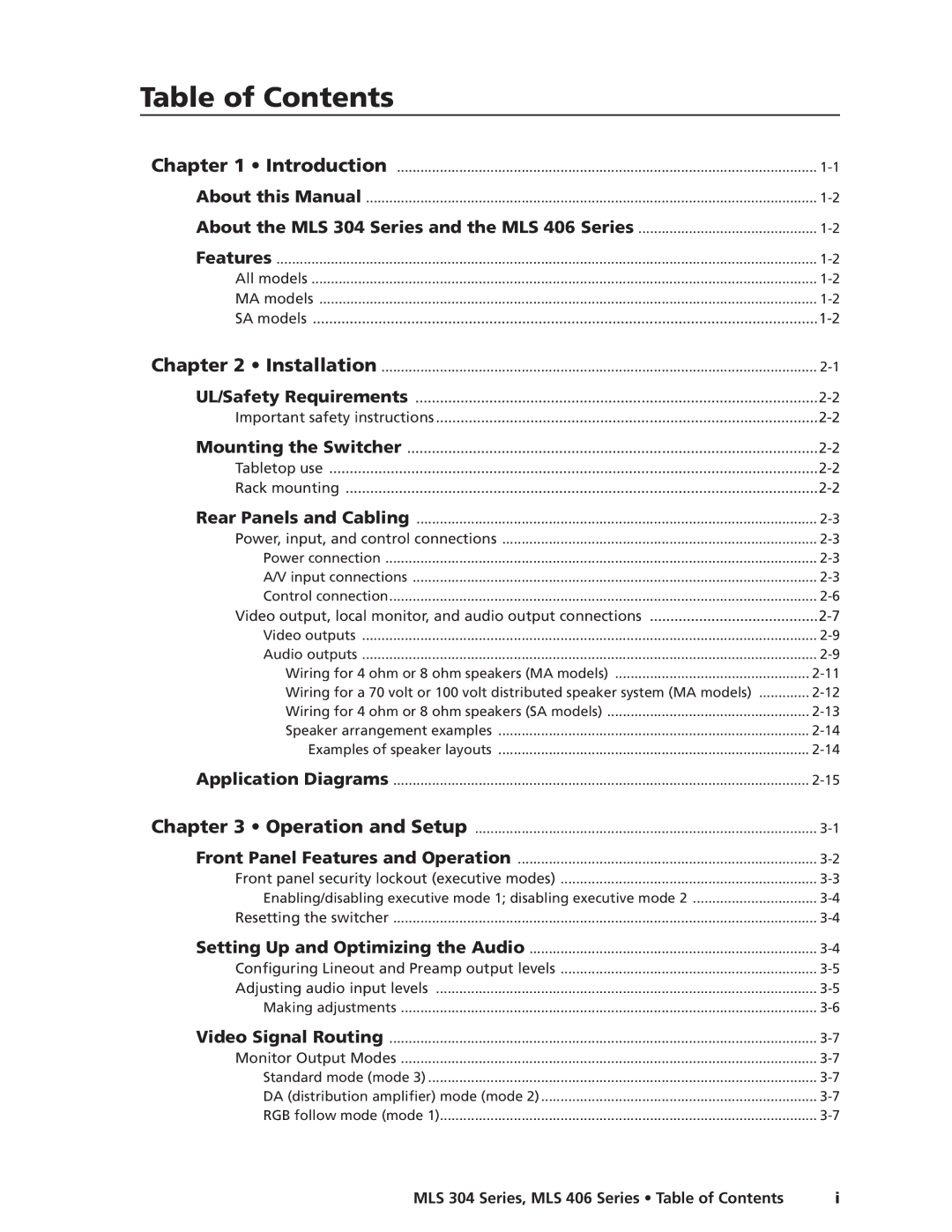 Extron electronic MLS 304SA, MLS 304MA, MLS 406SA, MLS 406MA manual Table of Contents 