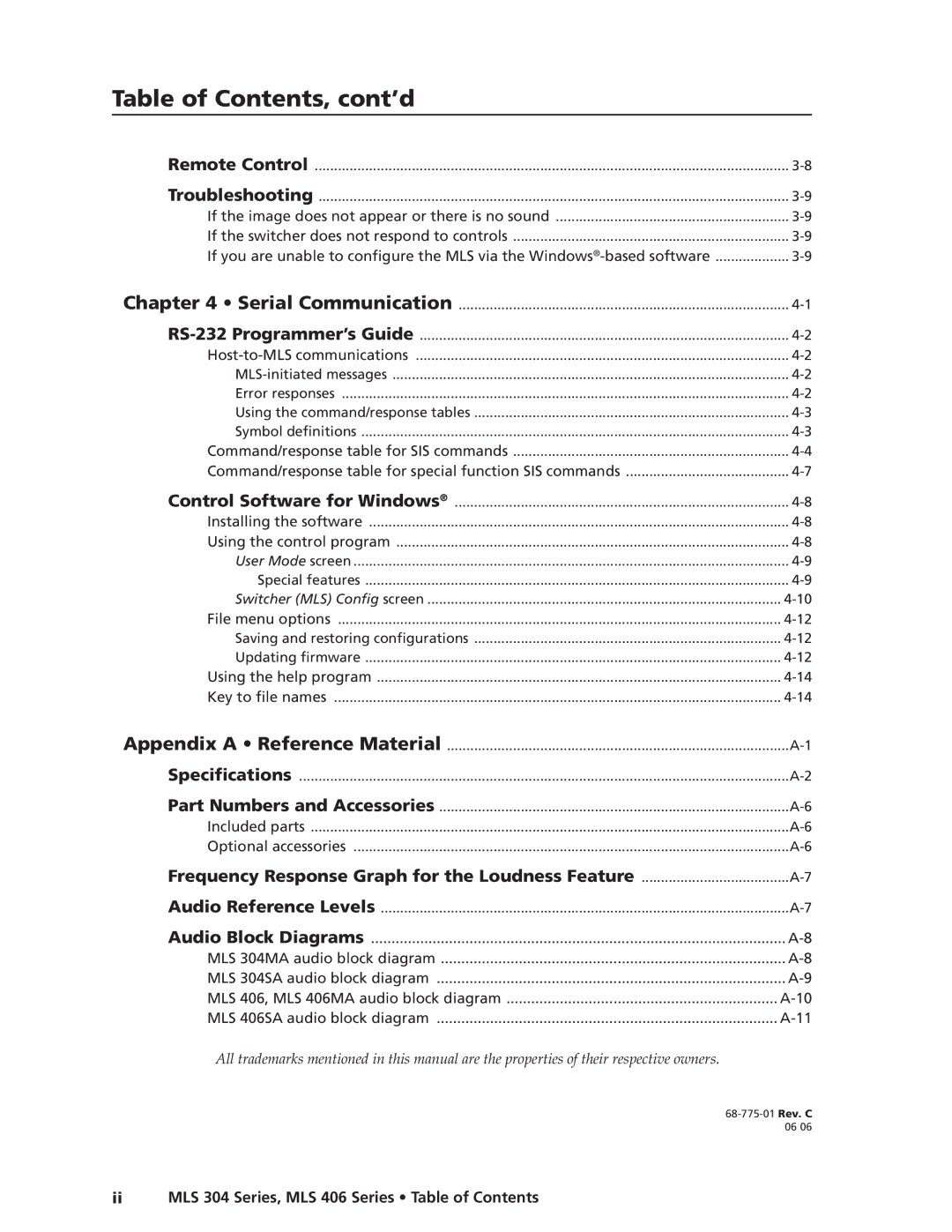 Extron electronic MLS 304MA, MLS 304SA, MLS 406SA, MLS 406MA manual Table of Contents, cont’d 