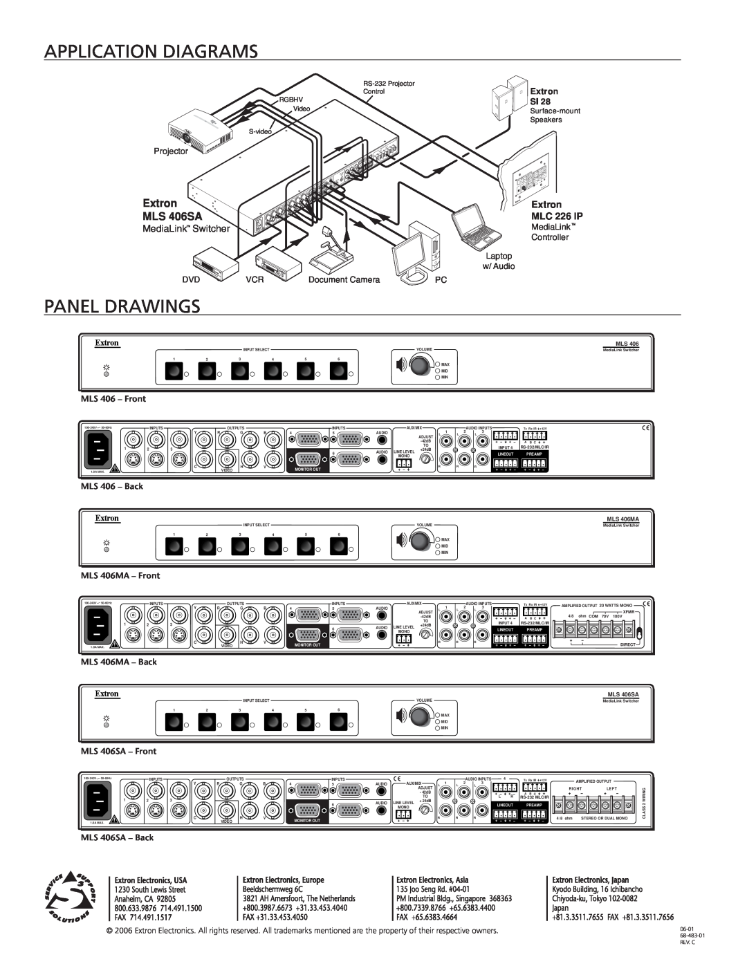 Extron electronic MLS 406 Series Application Diagrams, Panel drawings, Extron, MLS 406SA, MediaLink Switcher, MLC 226 IP 