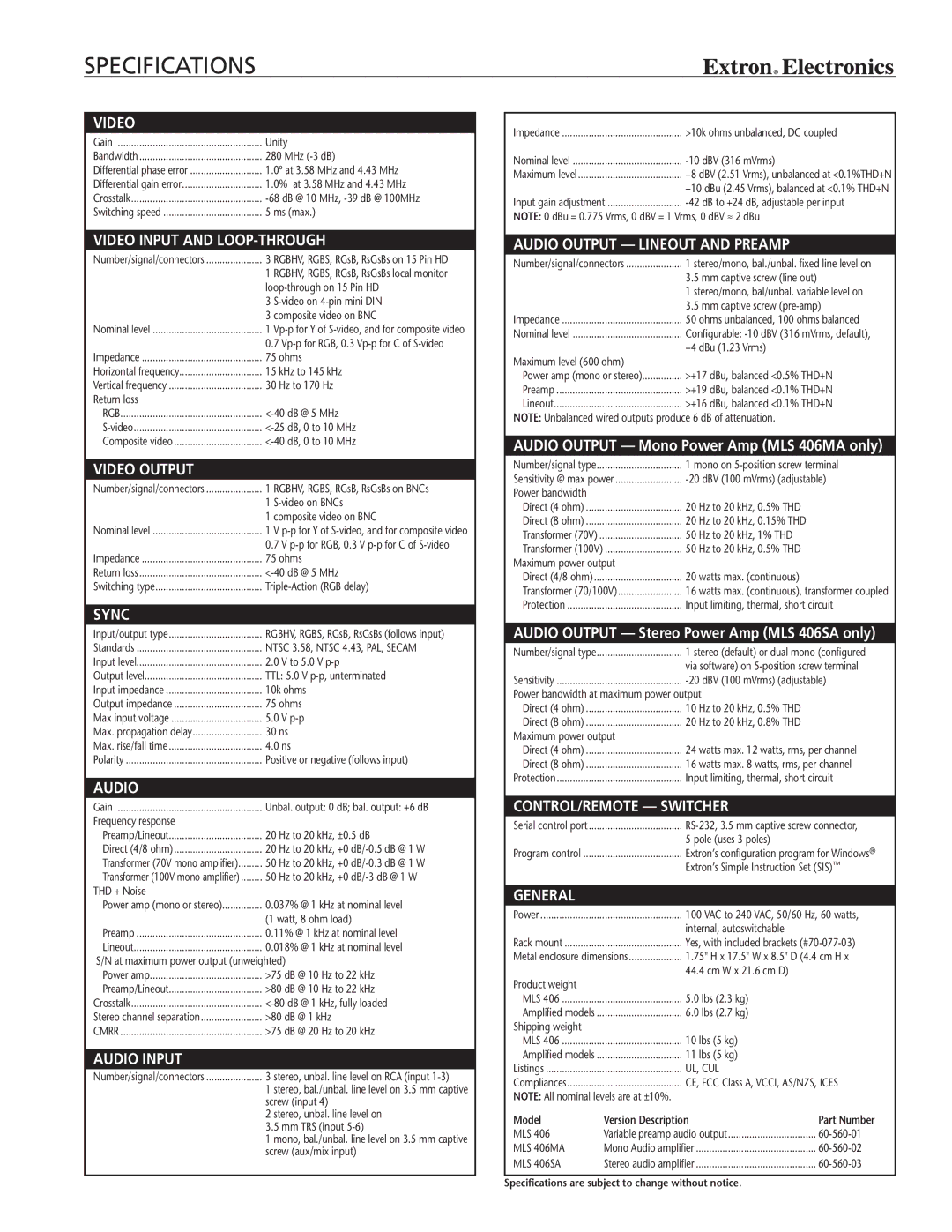 Extron electronic MLS 406 Series manual Specifications, Video 