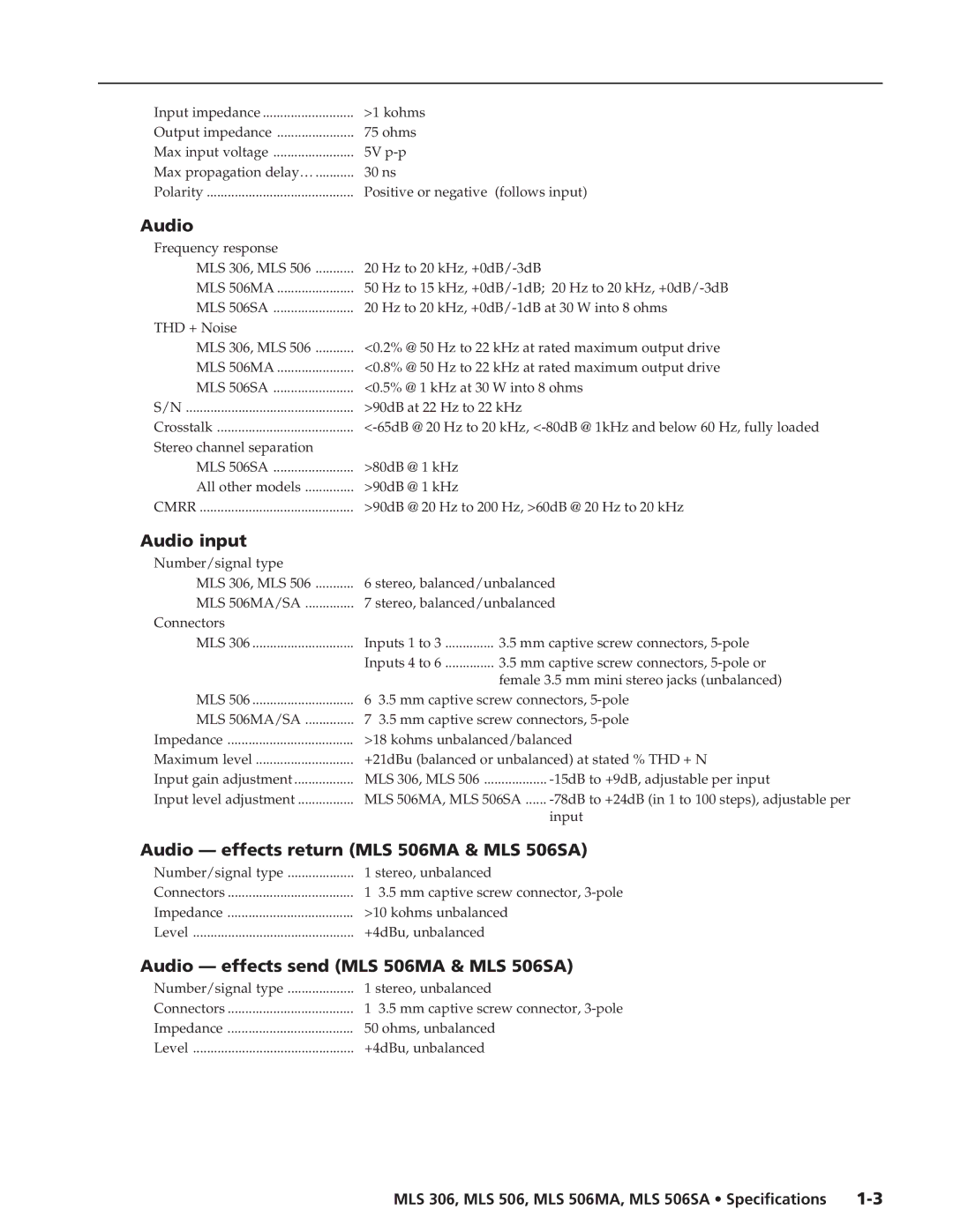 Extron electronic Audio input, Audio effects return MLS 506MA & MLS 506SA, Audio effects send MLS 506MA & MLS 506SA 