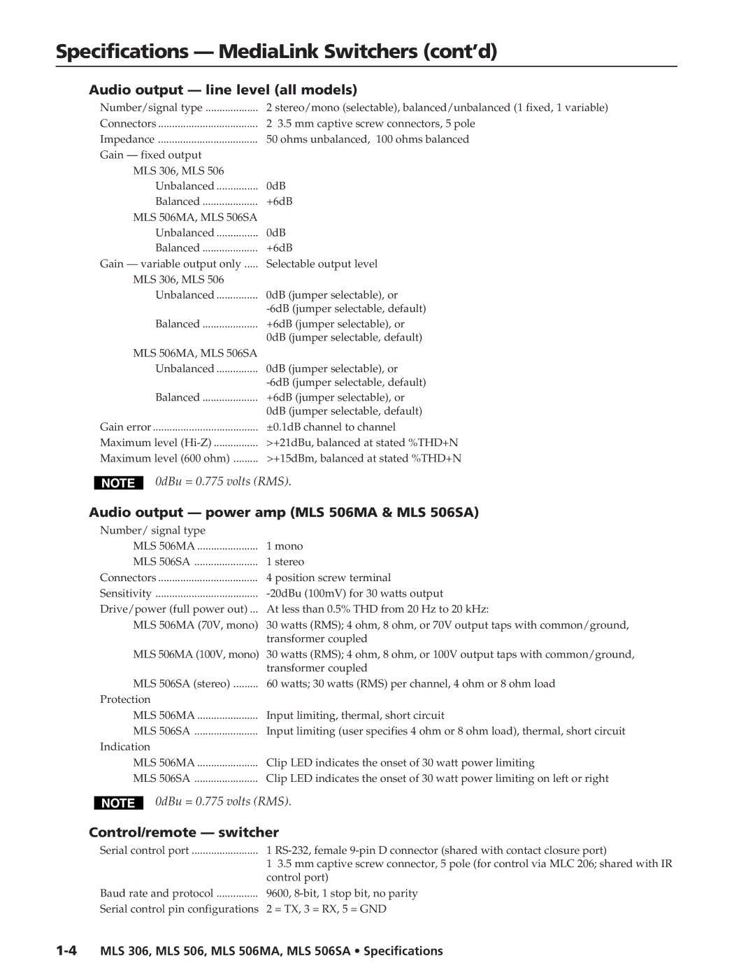 Extron electronic MLS 306 specifications Audio output line level all models, Audio output power amp MLS 506MA & MLS 506SA 