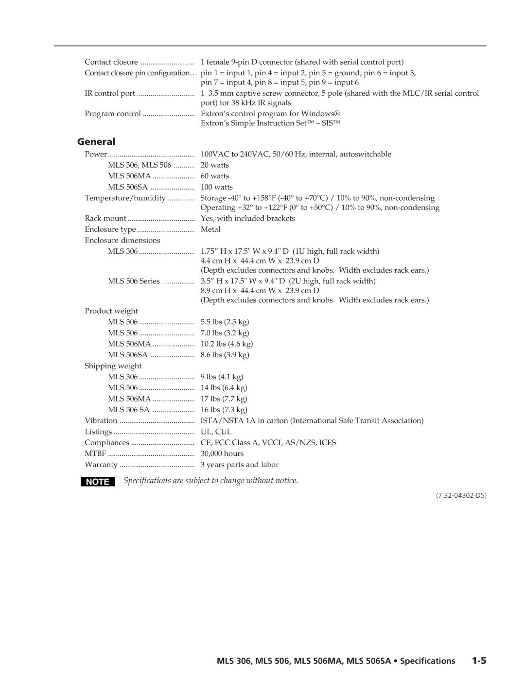 Extron electronic MLS 506SA, MLS 506MA, MLS 306 specifications General, Ul, Cul 