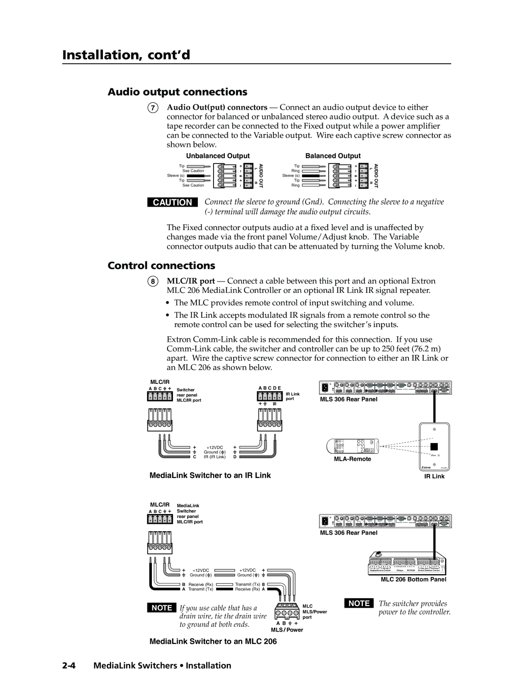 Extron electronic MLS 506MA, MLS 506SA, MLS 306 manual Audio output connections, Control connections 