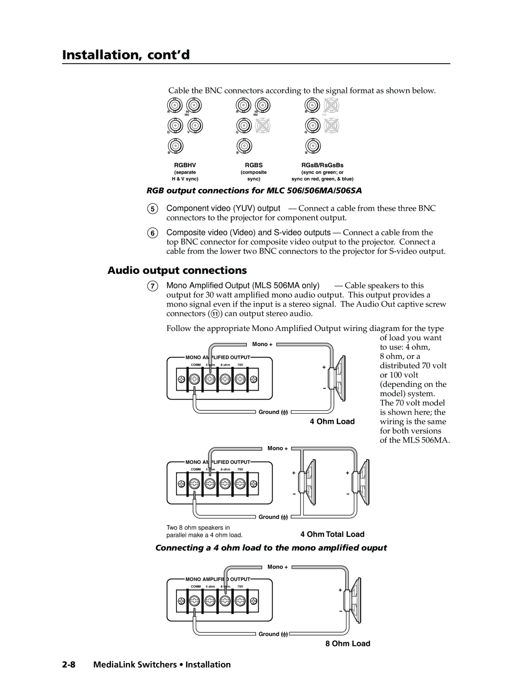 Extron electronic MLS 506MA, MLS 506SA, MLS 306 manual RGB output connections for MLC 506/506MA/506SA 