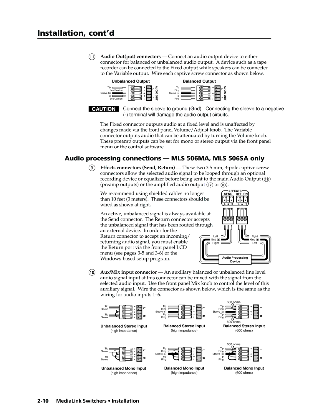 Extron electronic MLS 306 manual Audio processing connections MLS 506MA, MLS 506SA only 