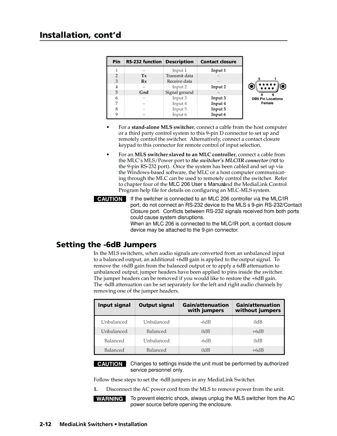 Extron electronic MLS 506MA, MLS 506SA, MLS 306 manual Setting the -6dB Jumpers 