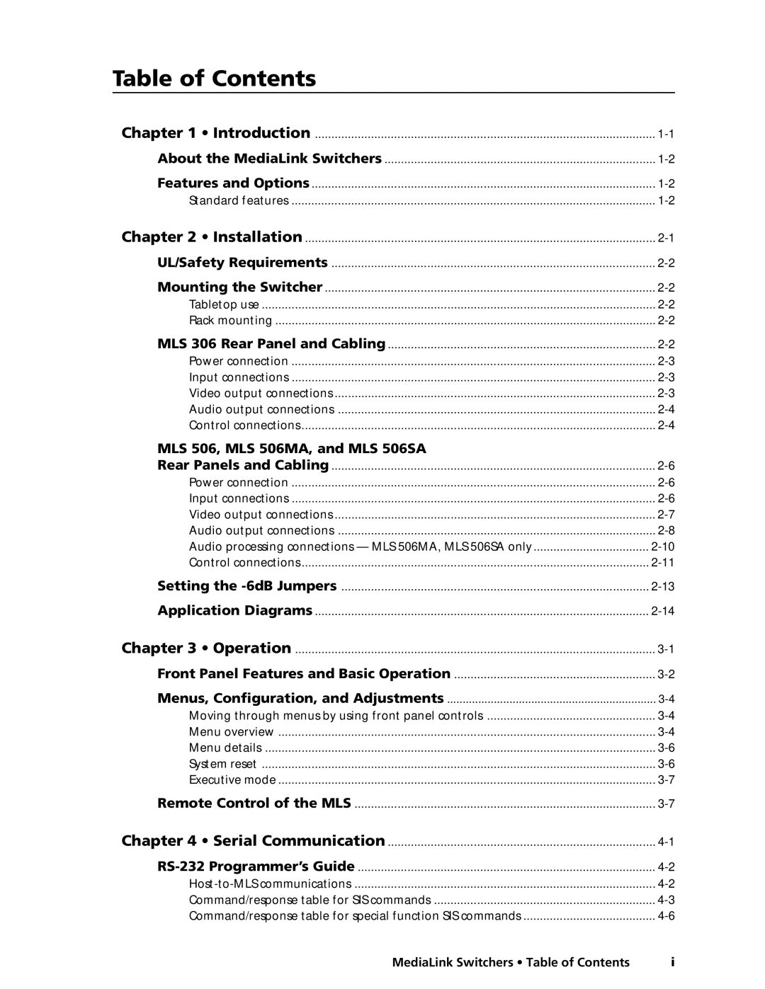 Extron electronic MLS 306, MLS 506SA, MLS 506MA manual Table of Contents 