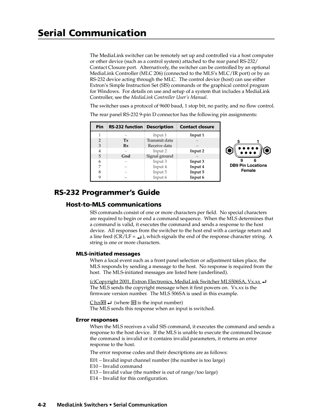 Extron electronic MLS 506MA, MLS 506SA, MLS 306 Serial Communication, RS-232 Programmer’s Guide, Host-to-MLS communications 